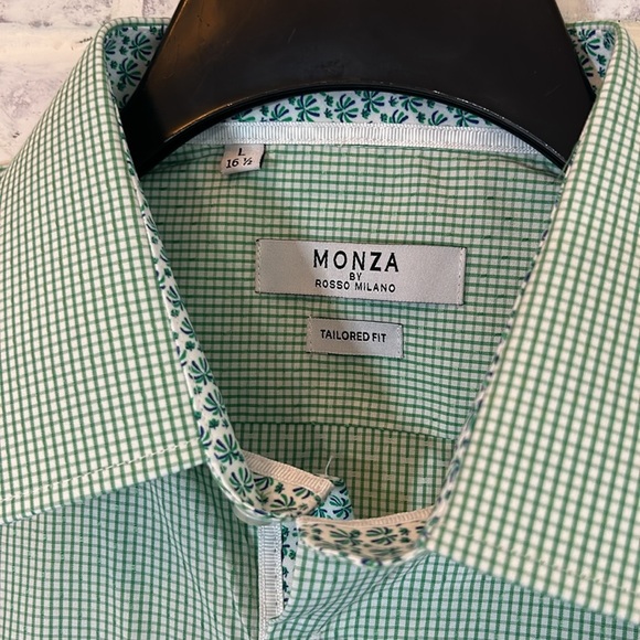 Monza Rosso Milano Tailored Fit Men Button Front L/S Check Green Plaid Shirt L - Picture 5 of 9